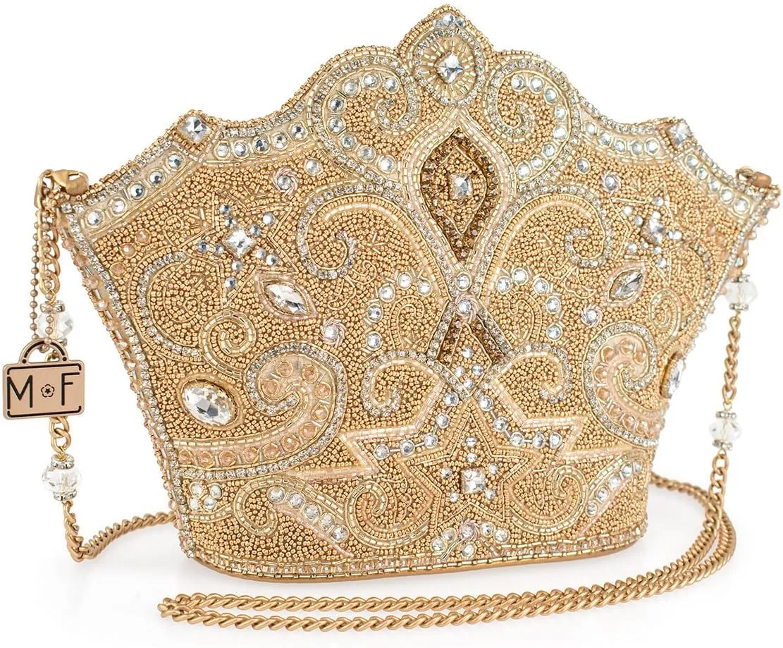 Mary Frances Golden Rule Beaded Crown-Shaped Crossbody Handbag with Crystal Embellishments Royal-Inspired Evening Clutch Bag, Gold