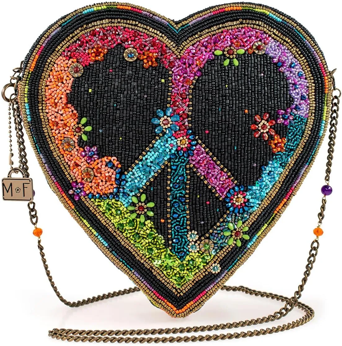 Mary Frances Peace Out Heart Beaded Crossbody Handbag – Colorful Statement Purse for Wedding or Party, Multicolor