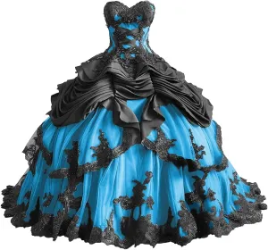 Mauuwy Gothic Black Quinceanera Dresses Puffy Beaded Tiered Sweet 16 Dresses Vintage Victorian's Wedding Dress for Bride