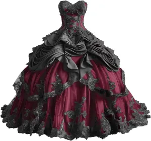 Mauuwy Gothic Black Quinceanera Dresses Puffy Beaded Tiered Sweet 16 Dresses Vintage Victorian's Wedding Dress for Bride