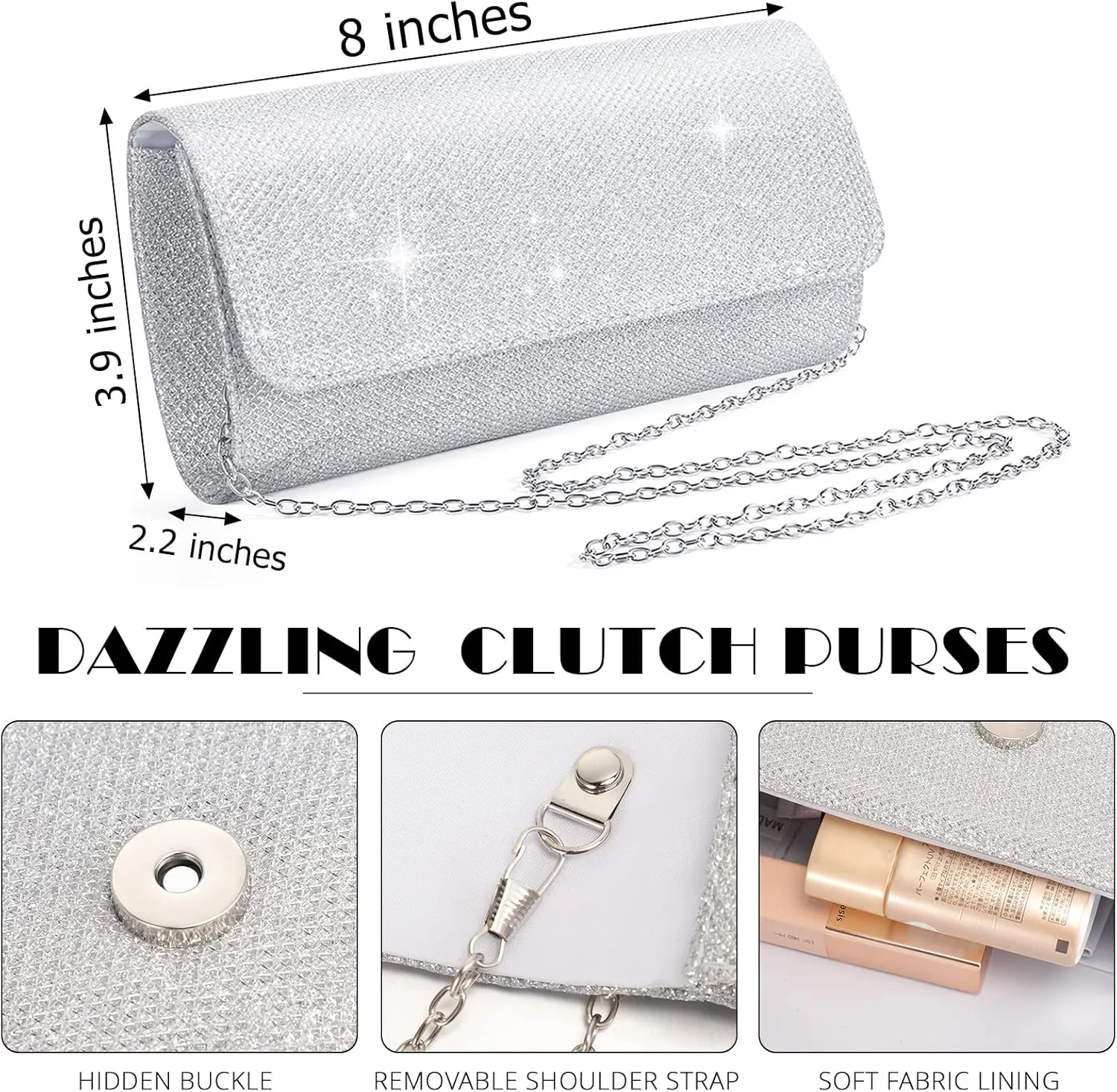 Meanplan 4 Pcs Silver Clutch Purse Jewelry Set for Women Evening Rhinestone Purse Silver Accessories for Women Bride Wedding Jewelry