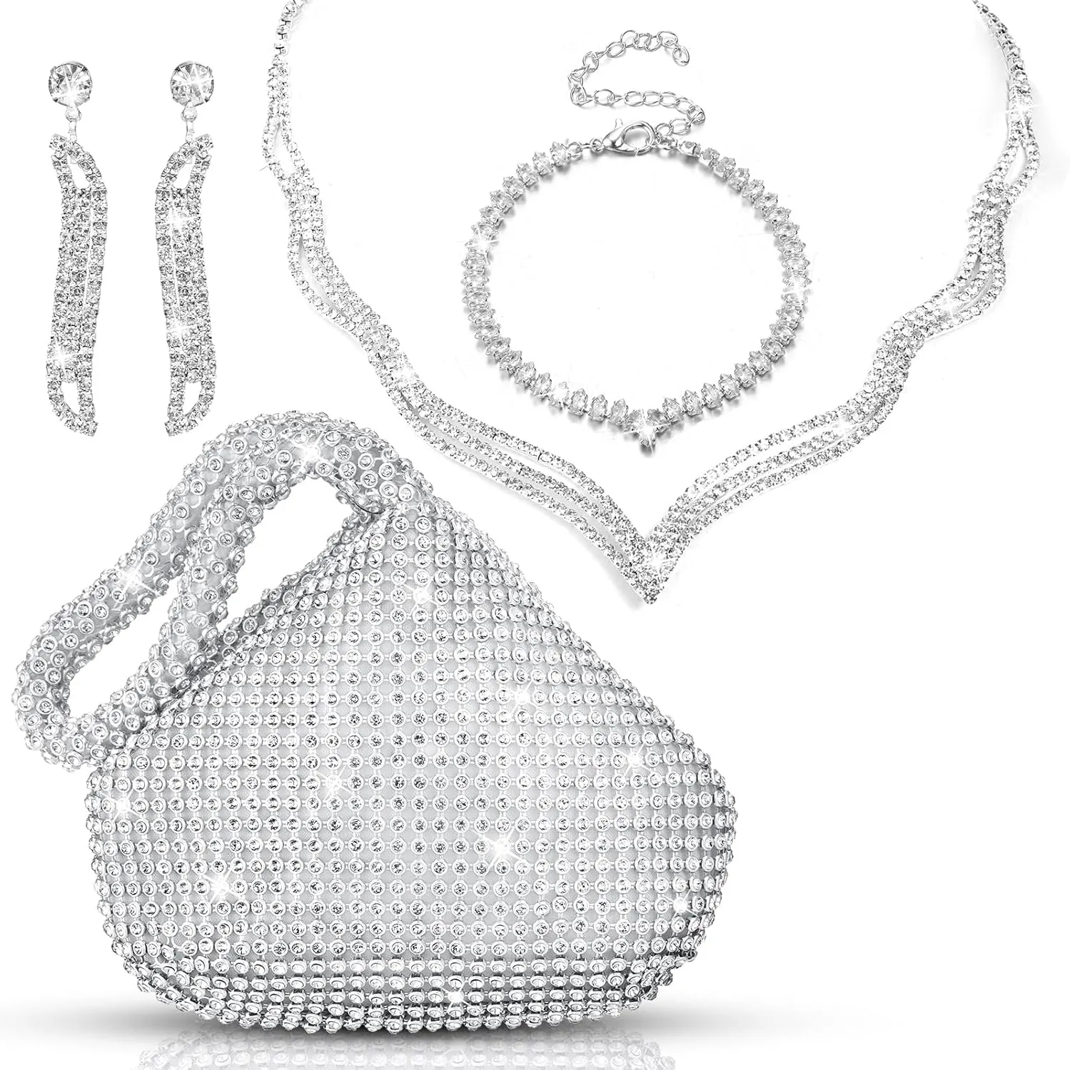 Meanplan 4 Pcs Silver Clutch Purse Jewelry Set for Women Evening Rhinestone Purse Silver Accessories for Women Bride Wedding Jewelry