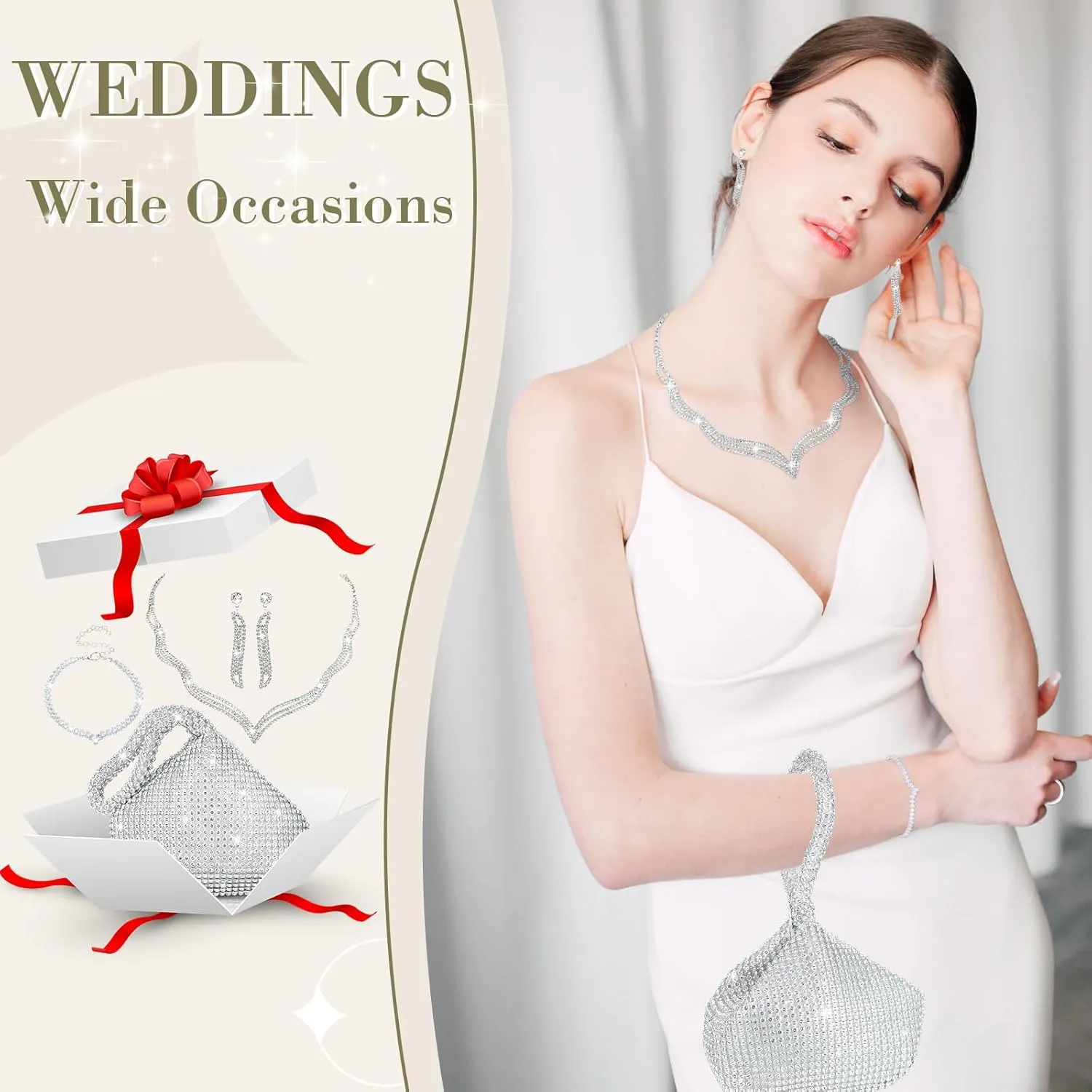 Meanplan 4 Pcs Silver Clutch Purse Jewelry Set for Women Evening Rhinestone Purse Silver Accessories for Women Bride Wedding Jewelry