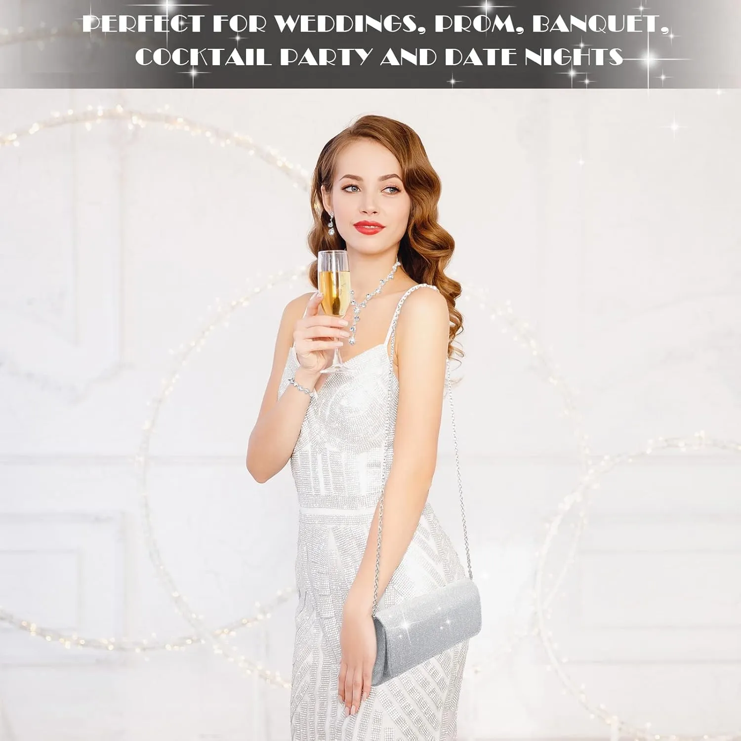 Meanplan 4 Pcs Silver Clutch Purse Jewelry Set for Women Evening Rhinestone Purse Silver Accessories for Women Bride Wedding Jewelry