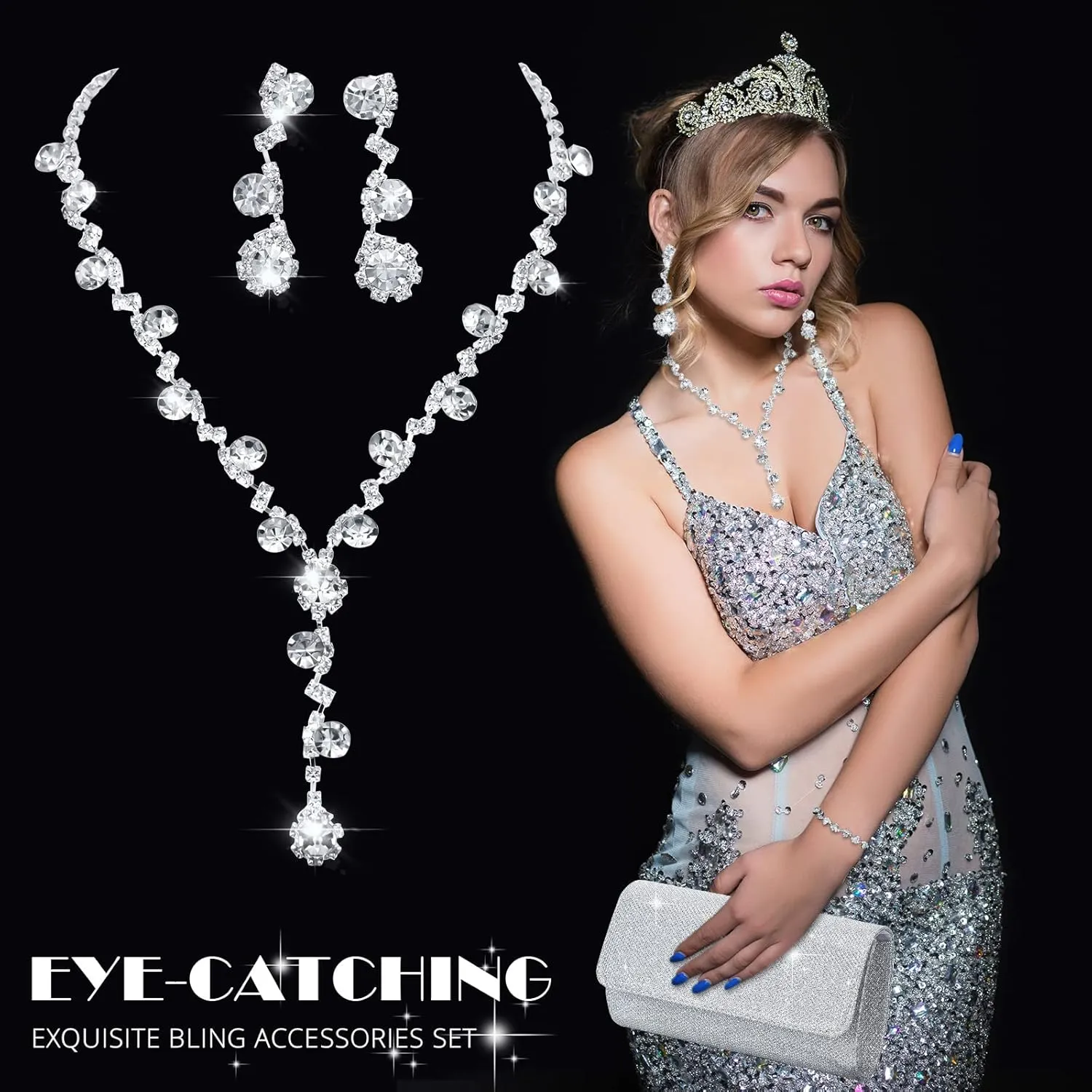 Meanplan 4 Pcs Silver Clutch Purse Jewelry Set for Women Evening Rhinestone Purse Silver Accessories for Women Bride Wedding Jewelry
