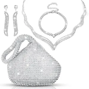 Meanplan 4 Pcs Silver Clutch Purse Jewelry Set for Women Evening Rhinestone Purse Silver Accessories for Women Bride Wedding Jewelry