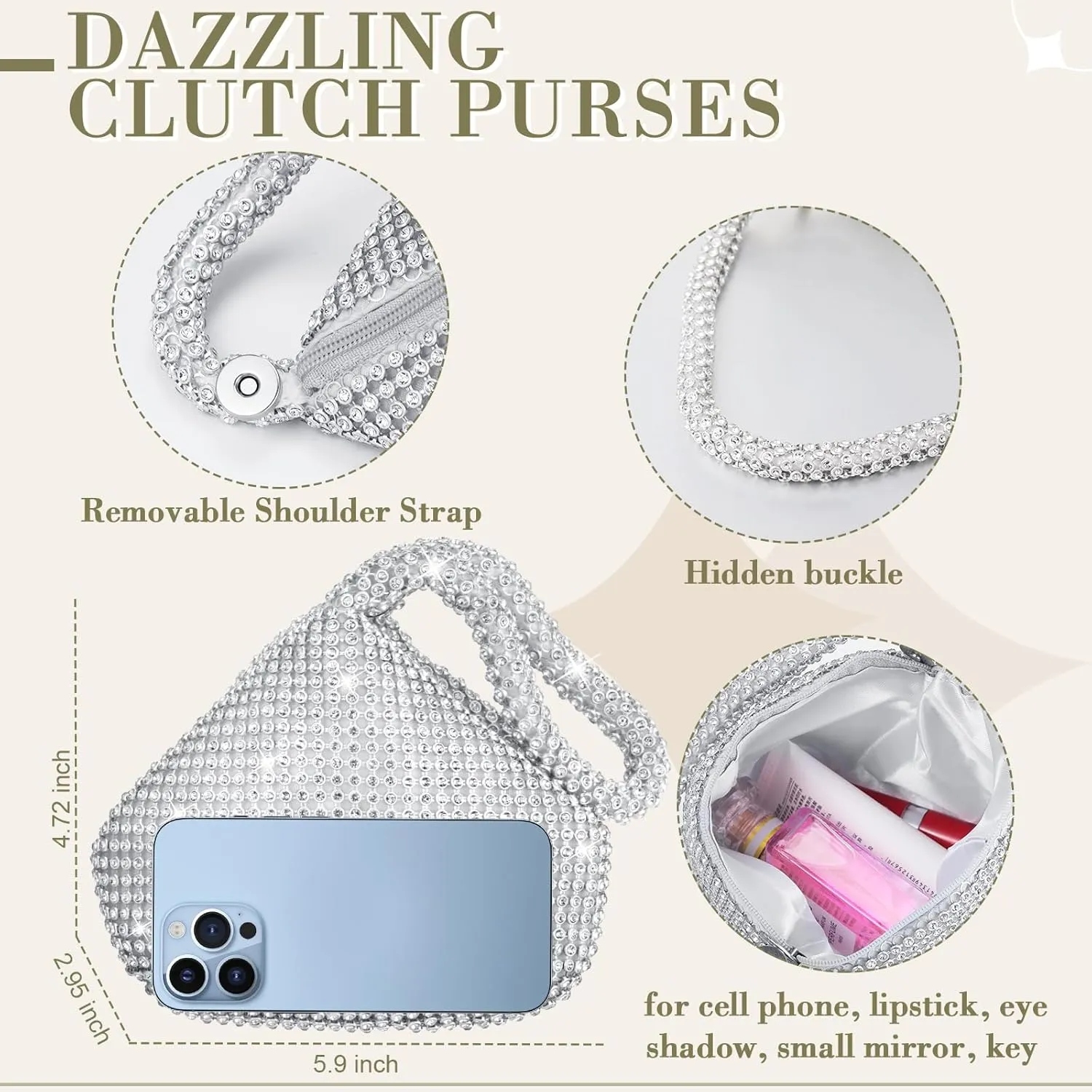 Meanplan 4 Pcs Silver Clutch Purse Jewelry Set for Women Evening Rhinestone Purse Silver Accessories for Women Bride Wedding Jewelry