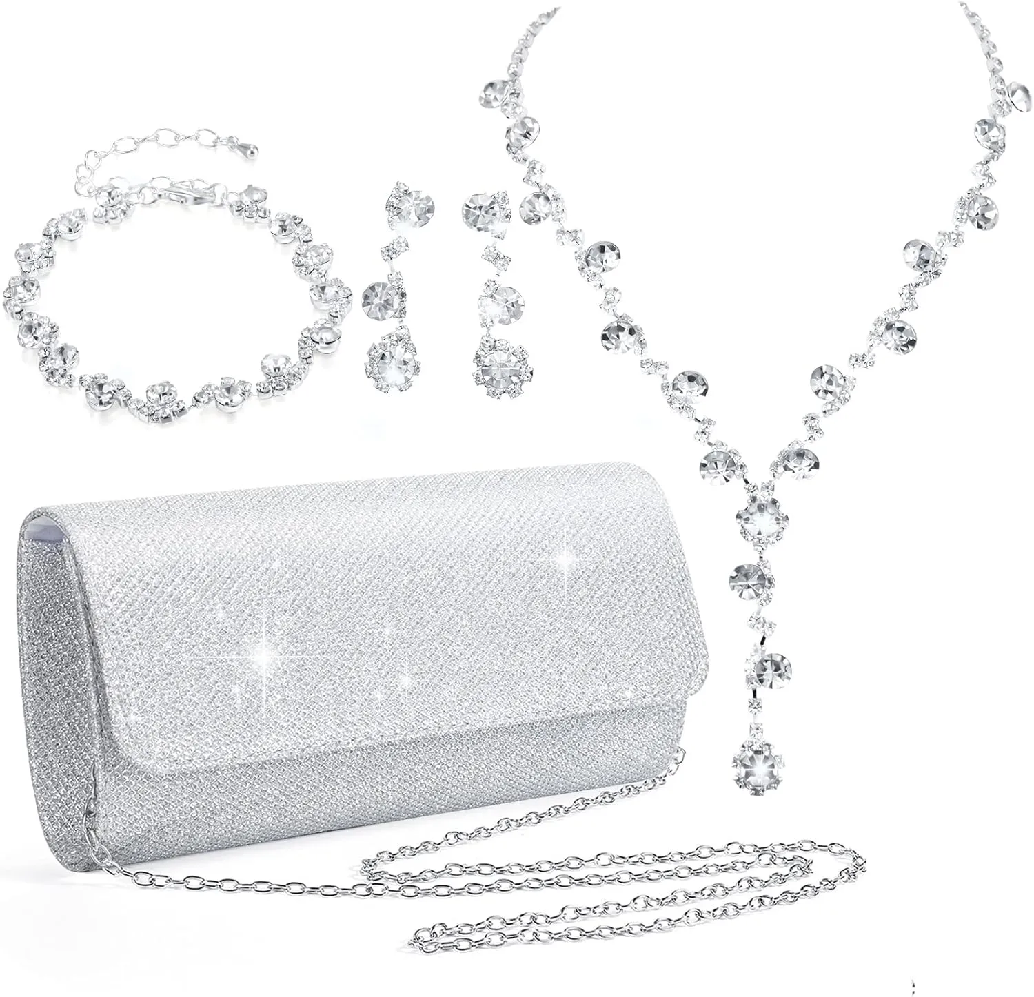 Meanplan 4 Pcs Silver Clutch Purse Jewelry Set for Women Evening Rhinestone Purse Silver Accessories for Women Bride Wedding Jewelry