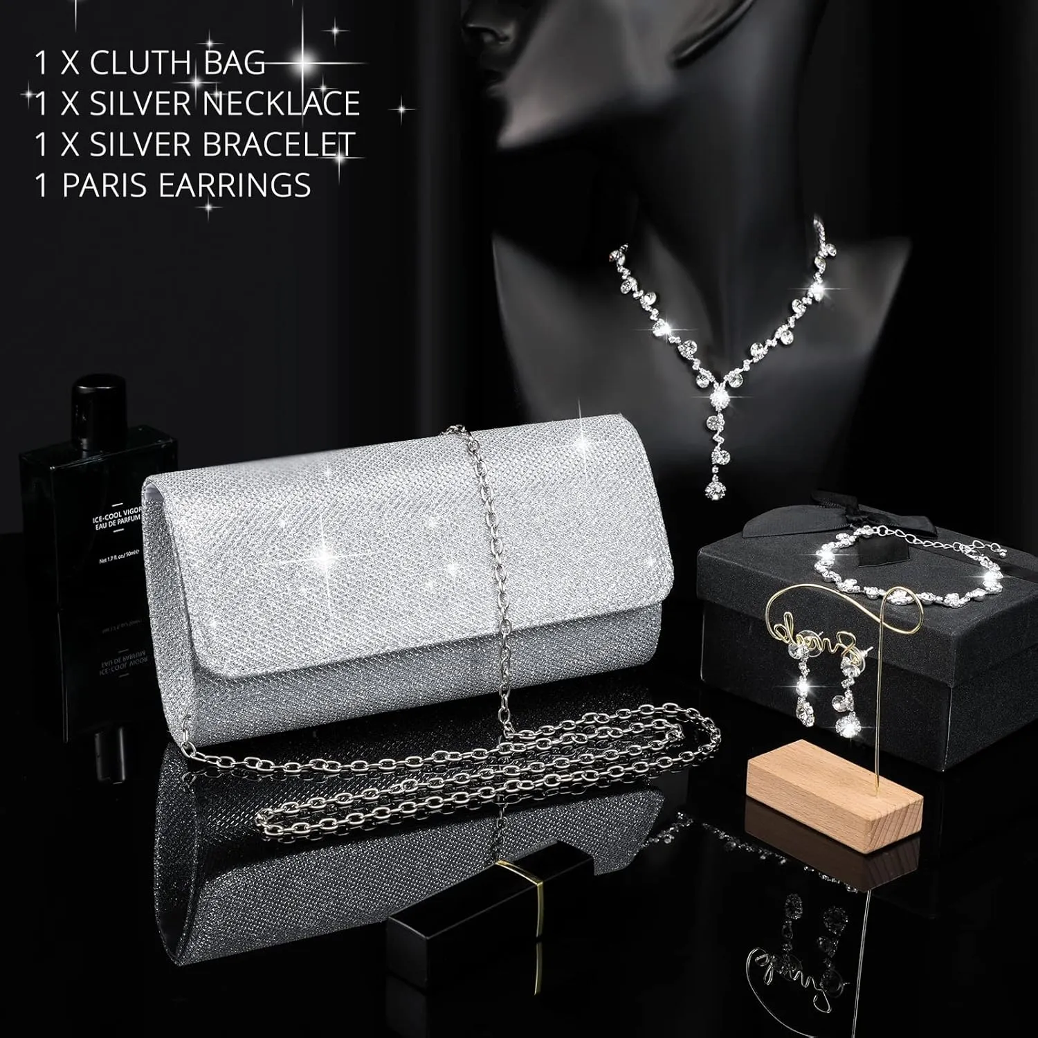 Meanplan 4 Pcs Silver Clutch Purse Jewelry Set for Women Evening Rhinestone Purse Silver Accessories for Women Bride Wedding Jewelry
