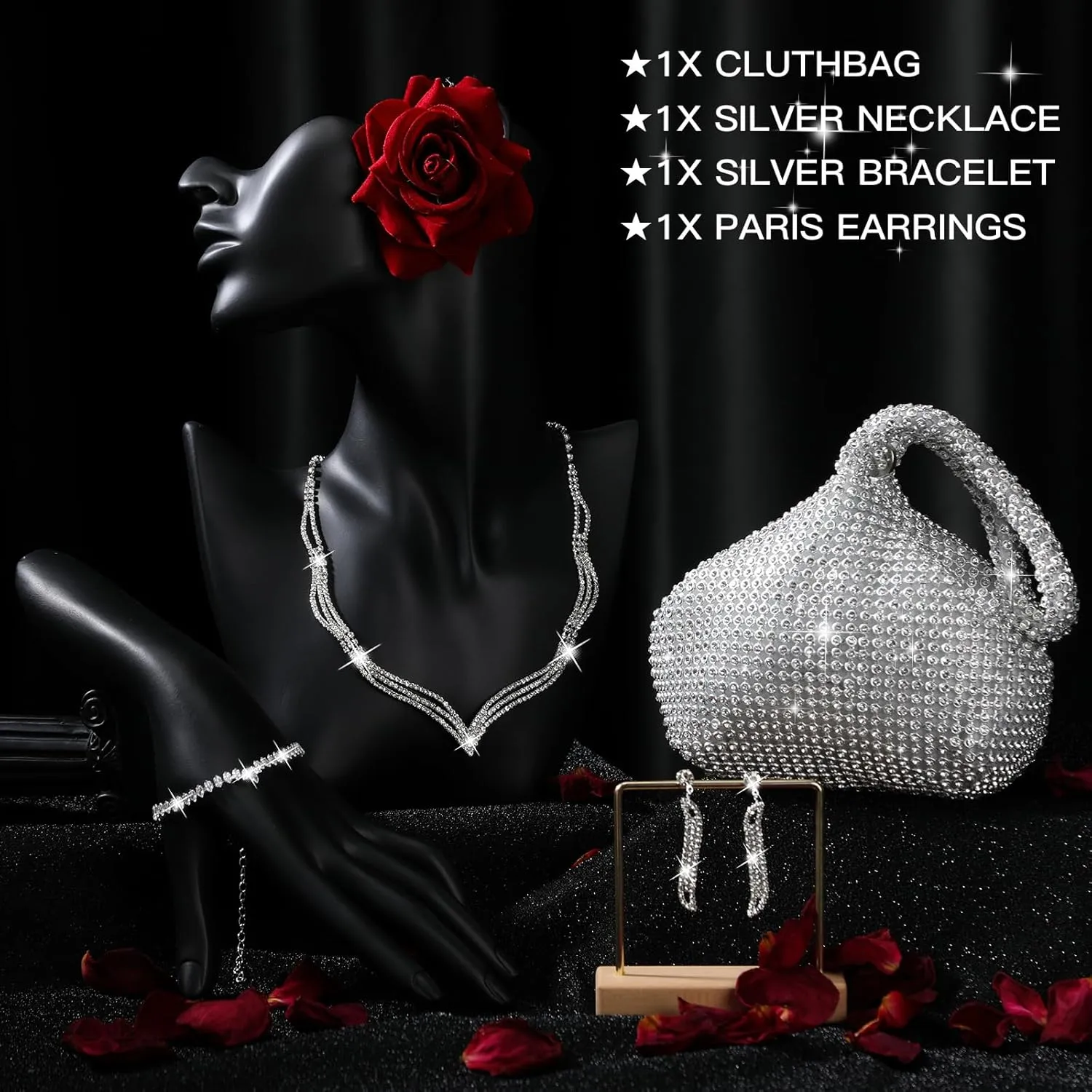 Meanplan 4 Pcs Silver Clutch Purse Jewelry Set for Women Evening Rhinestone Purse Silver Accessories for Women Bride Wedding Jewelry