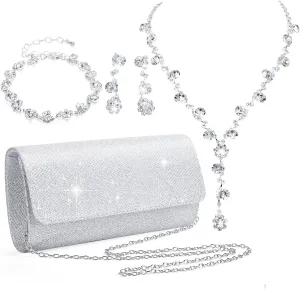 Meanplan 4 Pcs Silver Clutch Purse Jewelry Set for Women Evening Rhinestone Purse Silver Accessories for Women Bride Wedding Jewelry