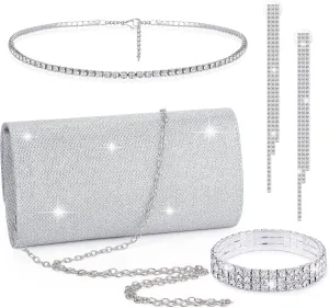 Meanplan 4 Pieces Silver Clutch Purses for Women Evening Rhinestone Purses Silver Prom Jewelry Set for Bridal Wedding Party