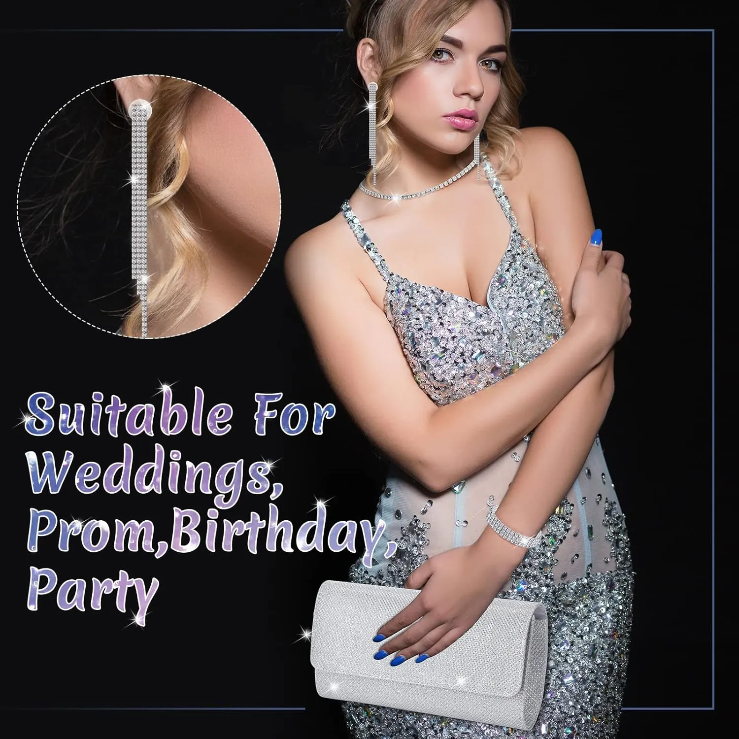 Meanplan 4 Pieces Silver Clutch Purses for Women Evening Rhinestone Purses Silver Prom Jewelry Set for Bridal Wedding Party