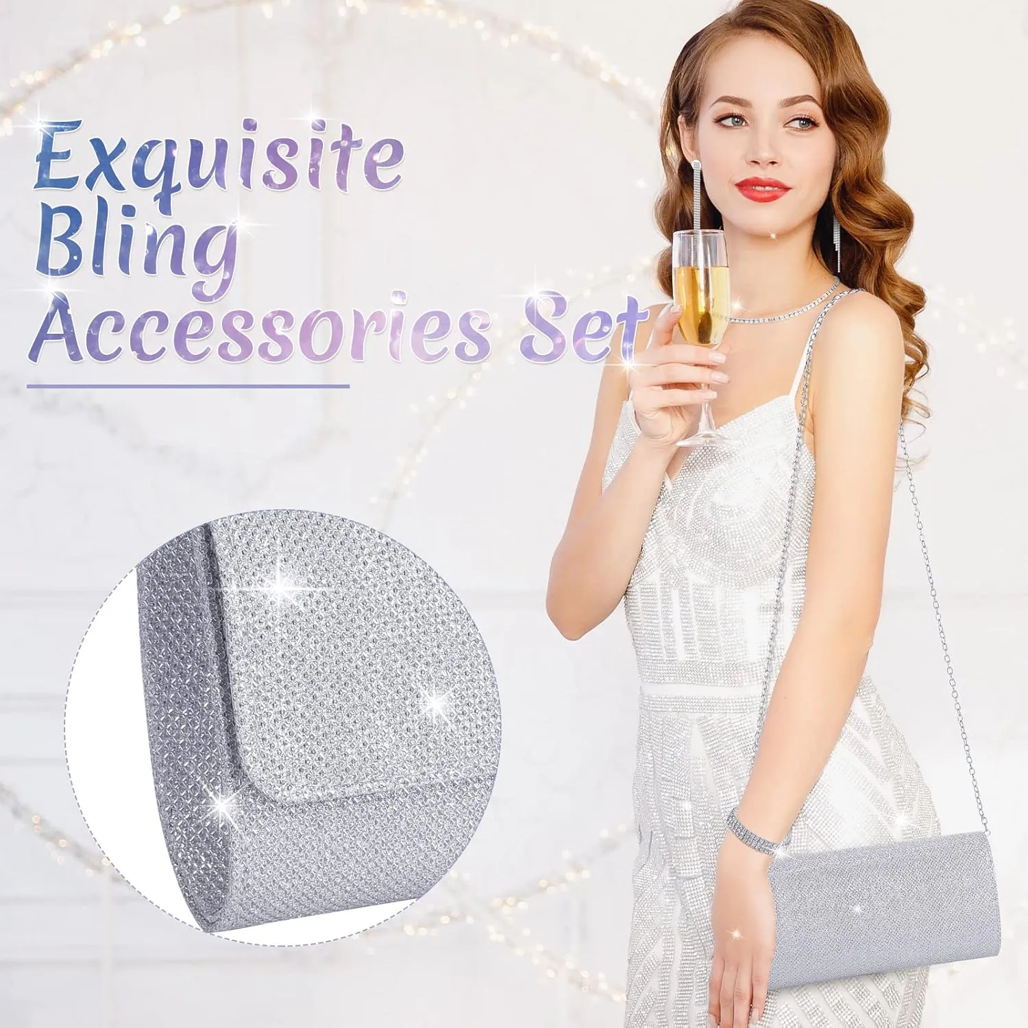 Meanplan 4 Pieces Silver Clutch Purses for Women Evening Rhinestone Purses Silver Prom Jewelry Set for Bridal Wedding Party