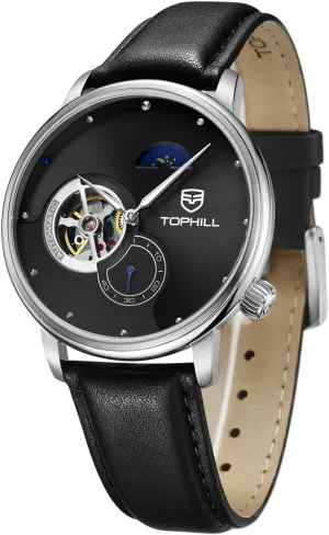 Mens Automatic Watch,Elegant Leather Watch,Sapphire Crystal,Day& Night Display, Skeleton Mechanical, 316L Stainless Steel, Black