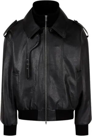 Men's Black Leather Bomber Jacket - Detachable High Neck, Military Style, Zip-Up Moto Biker Coat, Vintage Aviator Outerwear
