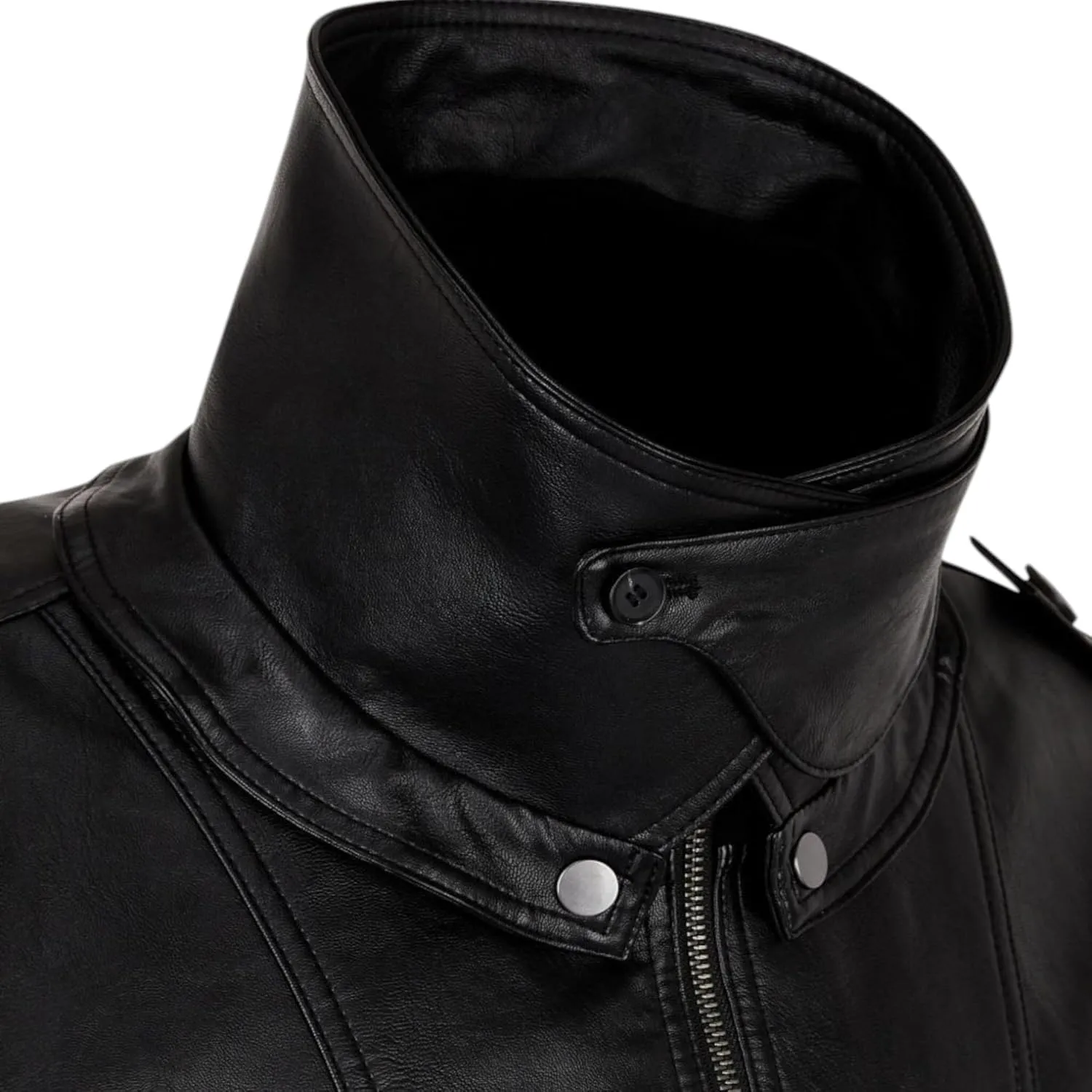 Men's Black Leather Bomber Jacket - Detachable High Neck, Military Style, Zip-Up Moto Biker Coat, Vintage Aviator Outerwear