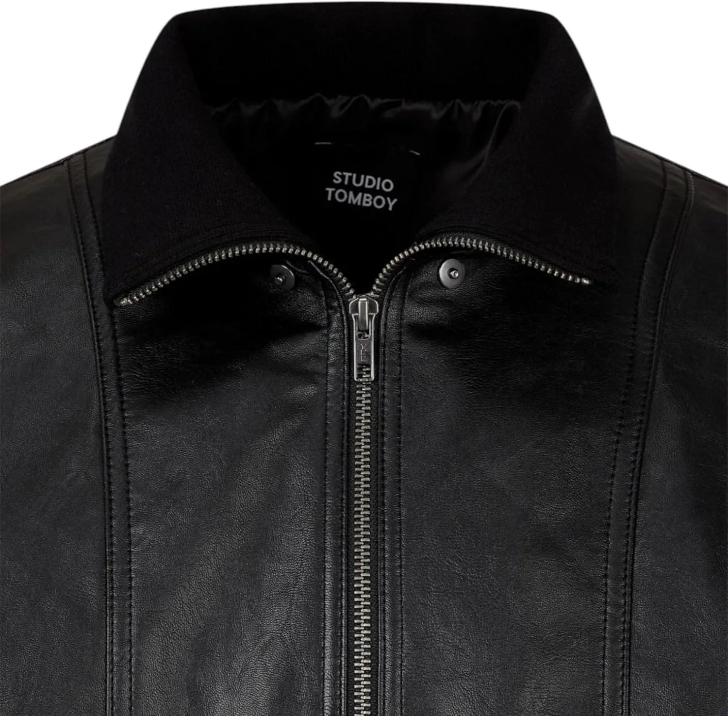 Men's Black Leather Bomber Jacket - Detachable High Neck, Military Style, Zip-Up Moto Biker Coat, Vintage Aviator Outerwear