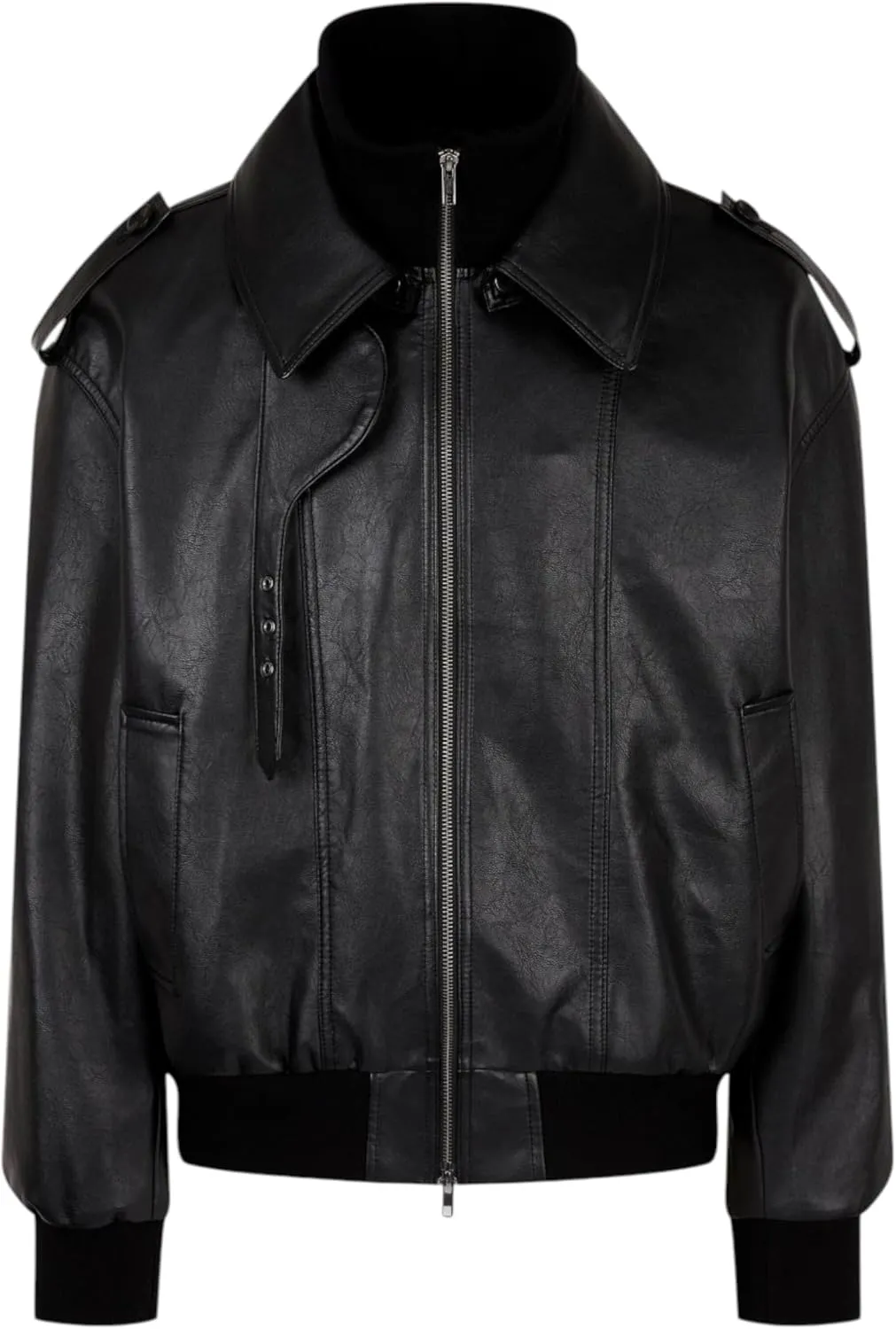 Men's Black Leather Bomber Jacket - Detachable High Neck, Military Style, Zip-Up Moto Biker Coat, Vintage Aviator Outerwear
