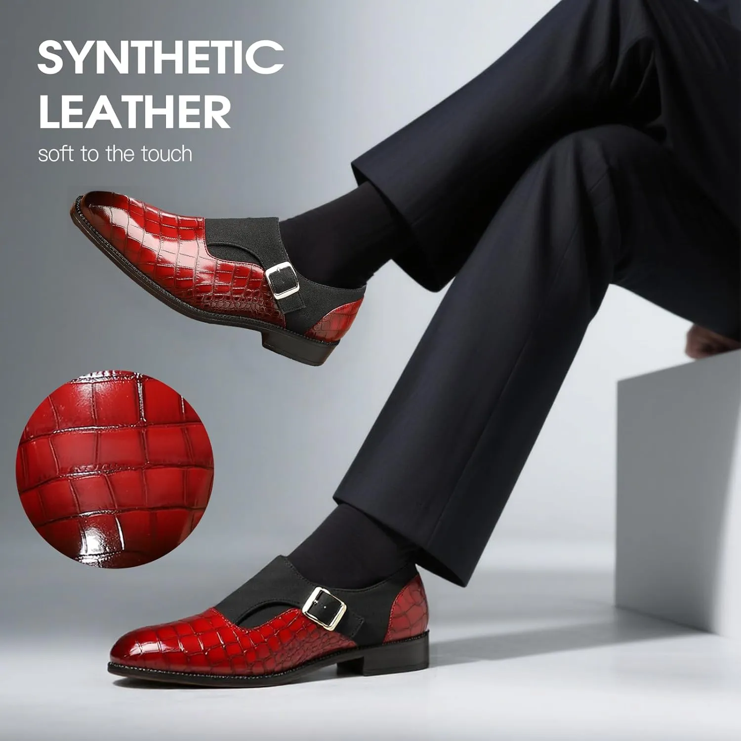 Men's Formal Monk Strap Dress Shoes, PU Leather, Black, Double Stitching