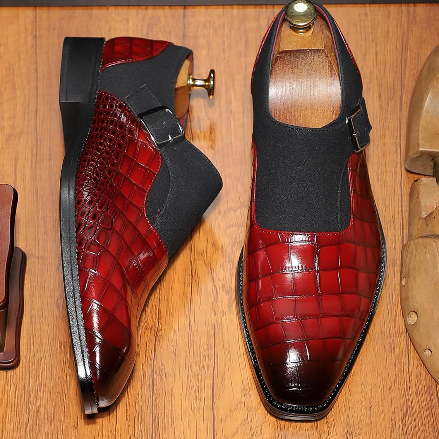 Men's Formal Monk Strap Dress Shoes, PU Leather, Black, Double Stitching