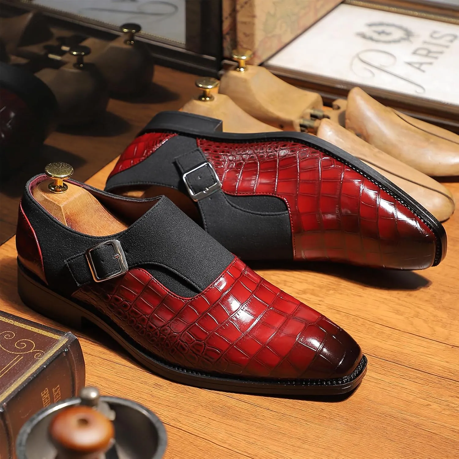 Men's Formal Monk Strap Dress Shoes, PU Leather, Black, Double Stitching
