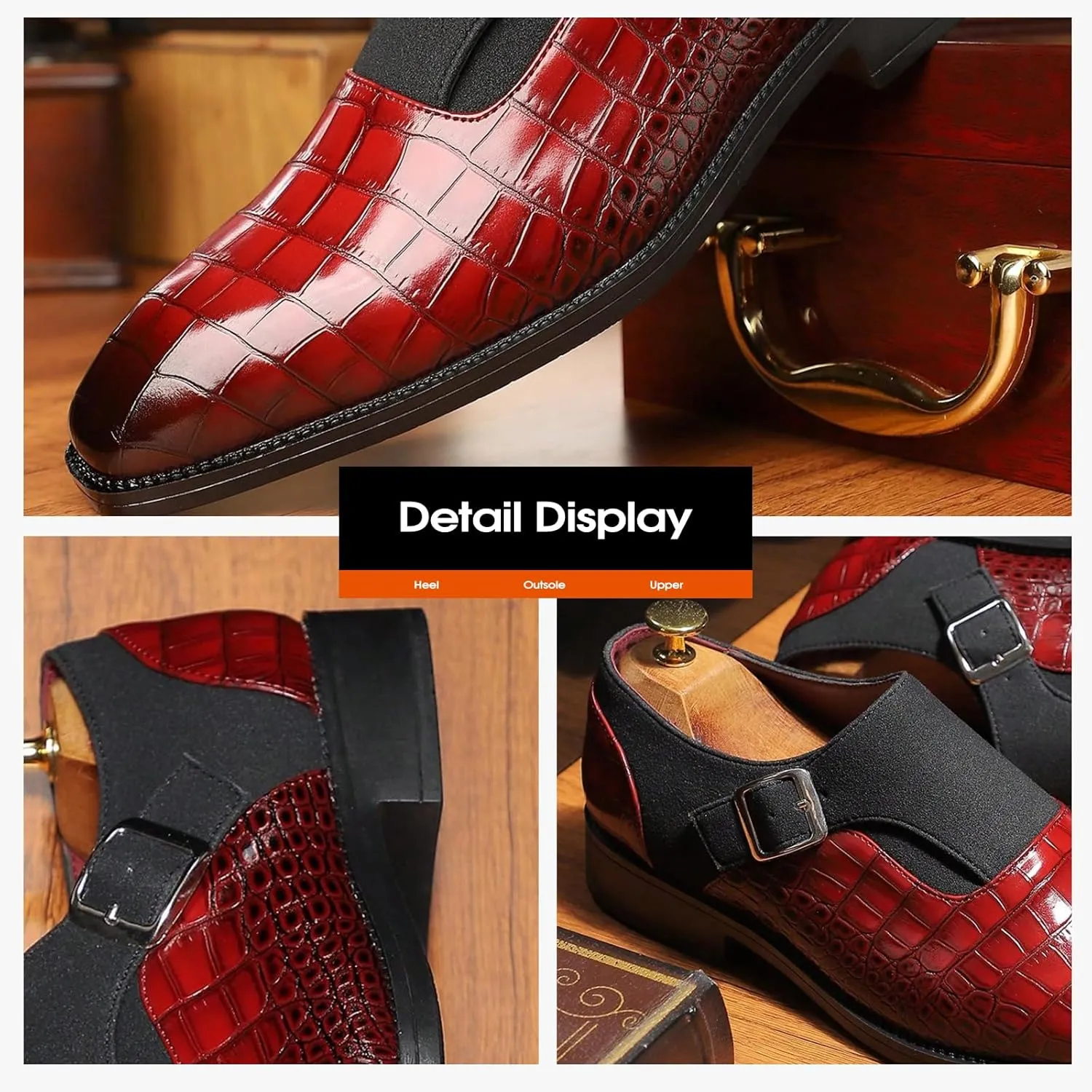 Men's Formal Monk Strap Dress Shoes, PU Leather, Black, Double Stitching