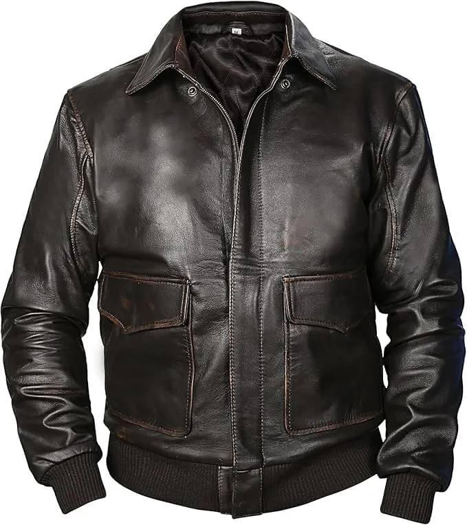 Men's Genuine Leather Bomber Jacket with Ribbed Cuffs, Air Force WW2 Pilot Leather Sheepskin Aviator Jackets.