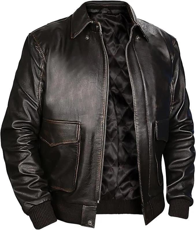 Men's Genuine Leather Bomber Jacket with Ribbed Cuffs, Air Force WW2 Pilot Leather Sheepskin Aviator Jackets.