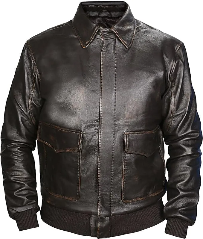 Men's Genuine Leather Bomber Jacket with Ribbed Cuffs, Air Force WW2 Pilot Leather Sheepskin Aviator Jackets.