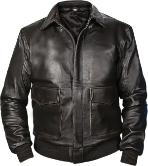 Men's Genuine Leather Bomber Jacket with Ribbed Cuffs, Air Force WW2 Pilot Leather Sheepskin Aviator Jackets.