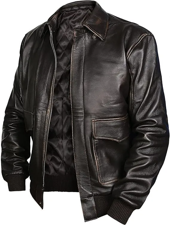 Men's Genuine Leather Bomber Jacket with Ribbed Cuffs, Air Force WW2 Pilot Leather Sheepskin Aviator Jackets.