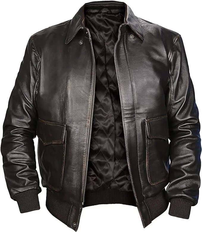Men's Genuine Leather Bomber Jacket with Ribbed Cuffs, Air Force WW2 Pilot Leather Sheepskin Aviator Jackets.