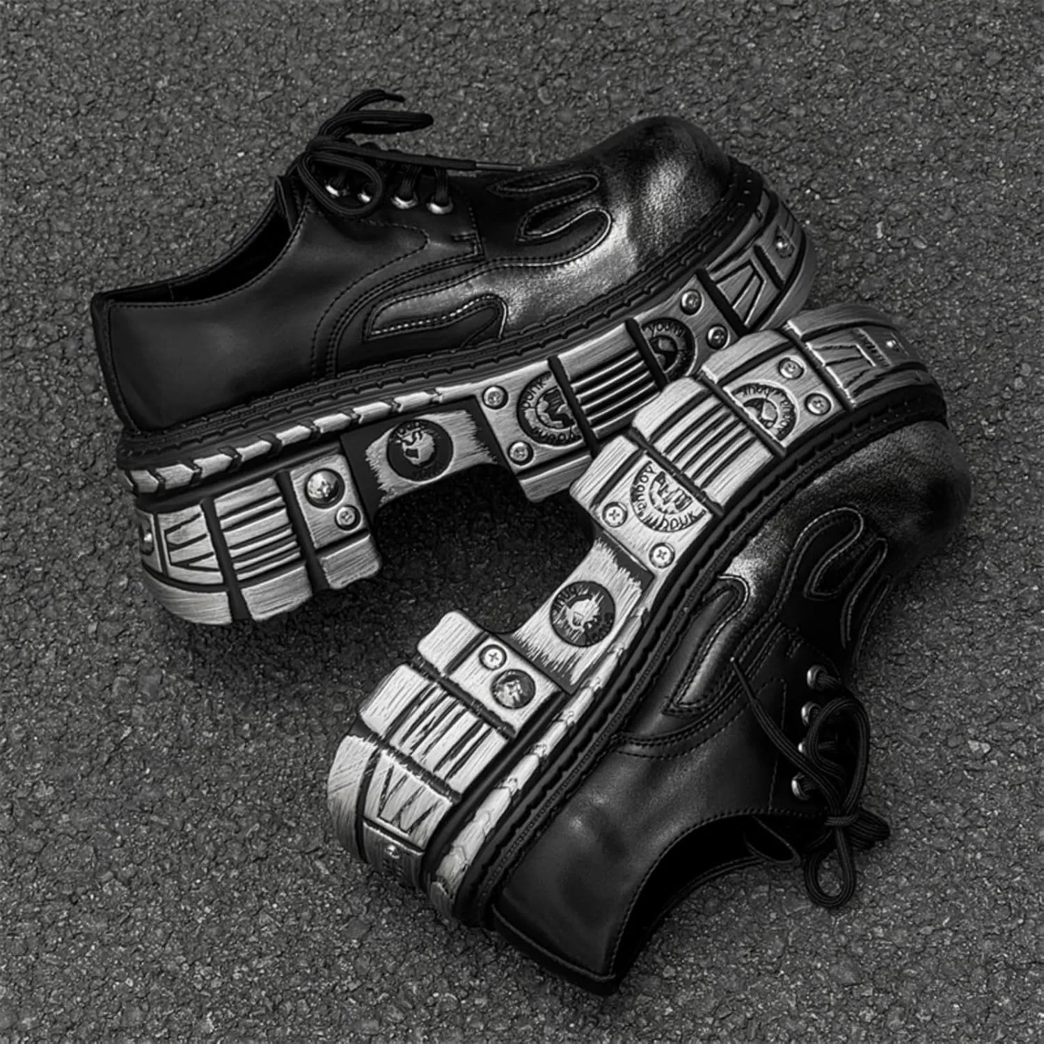 Men's Leather Lace-Up Oxfords with Flame Embossed Toe Industrial Chunky Platform Sole & Metal Accents - Punk Style Urban Fashion Shoes for Casual Wear