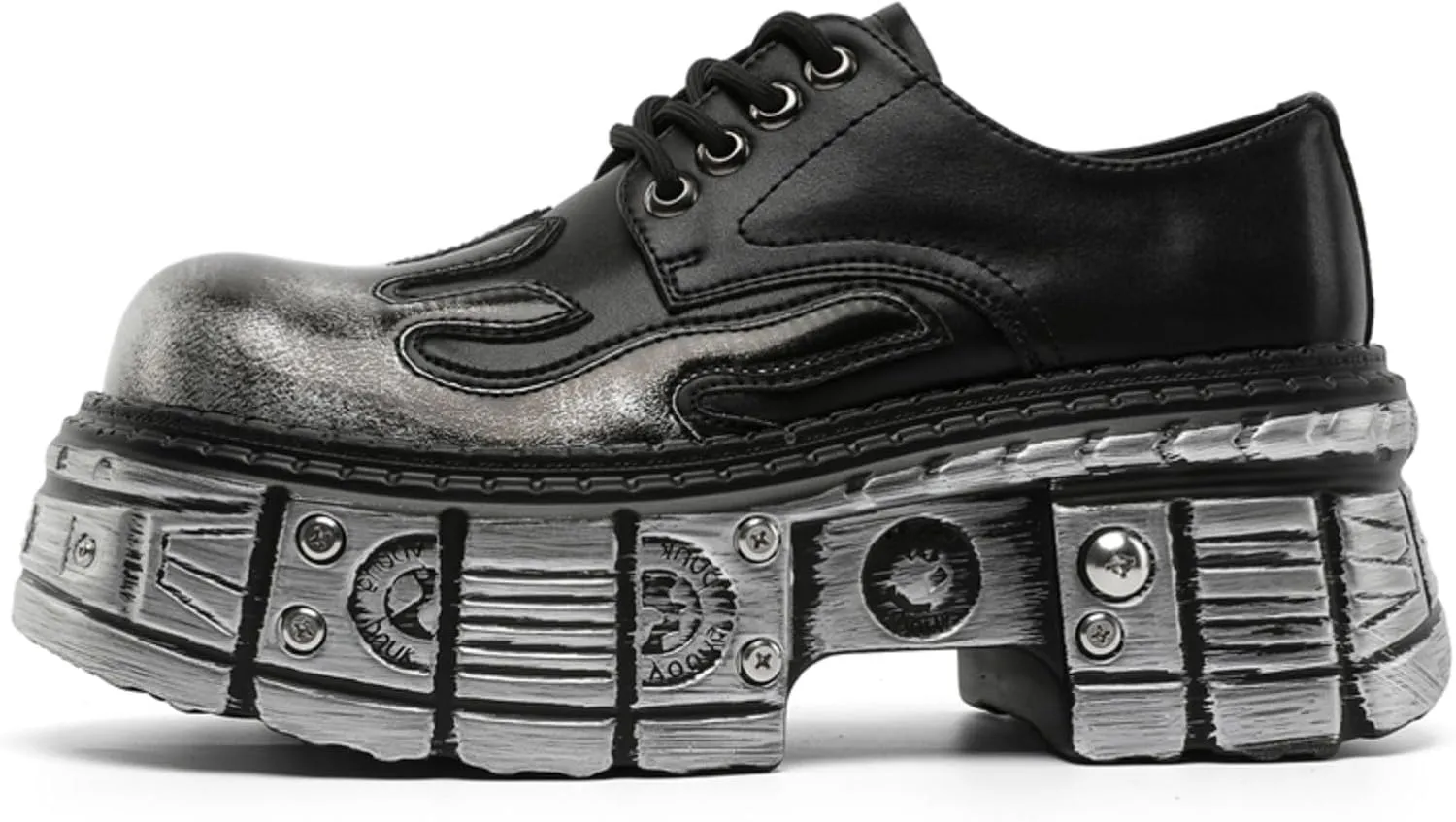 Men's Leather Lace-Up Oxfords with Flame Embossed Toe Industrial Chunky Platform Sole & Metal Accents - Punk Style Urban Fashion Shoes for Casual Wear
