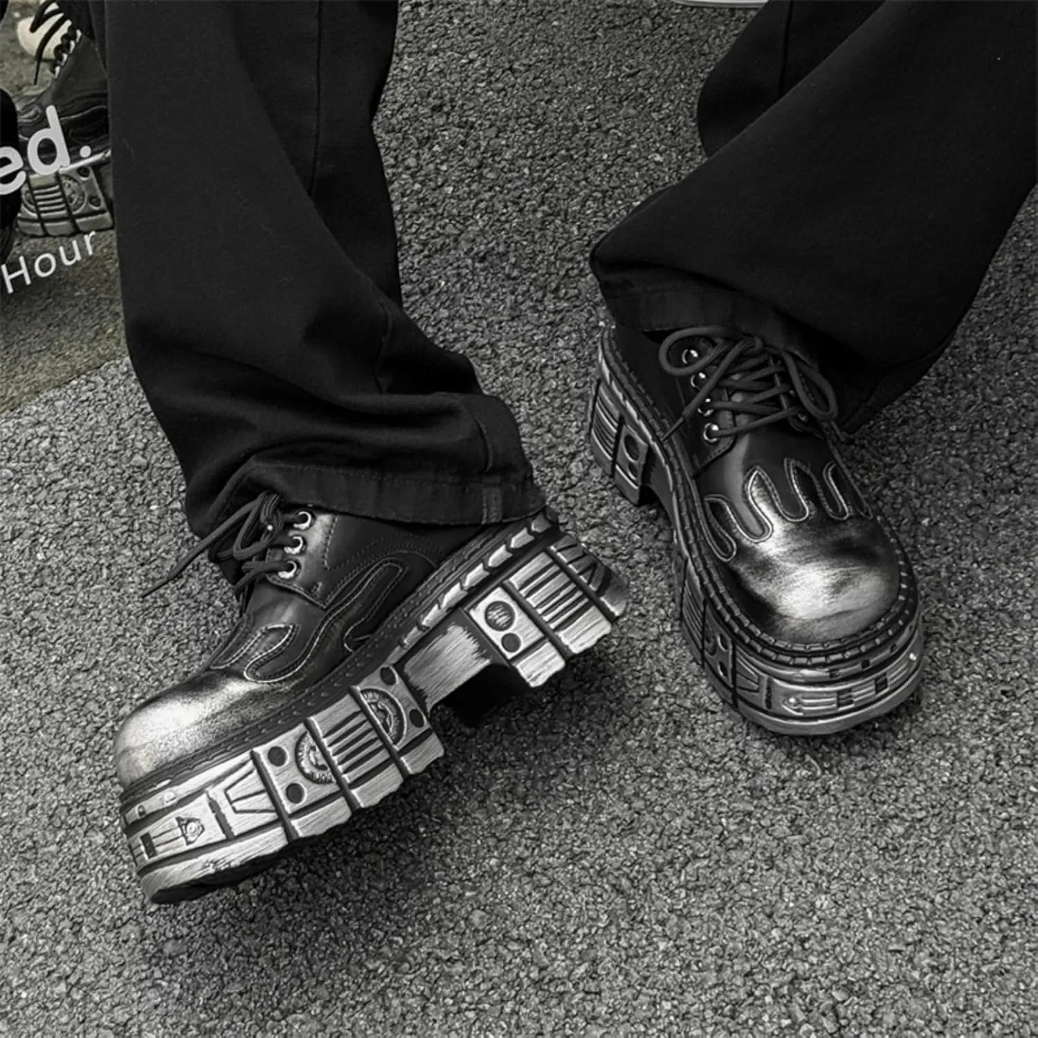 Men's Leather Lace-Up Oxfords with Flame Embossed Toe Industrial Chunky Platform Sole & Metal Accents - Punk Style Urban Fashion Shoes for Casual Wear