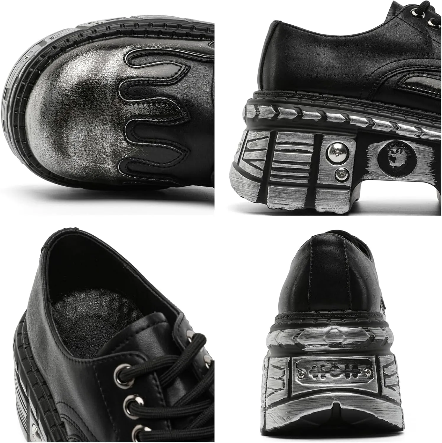 Men's Leather Lace-Up Oxfords with Flame Embossed Toe Industrial Chunky Platform Sole & Metal Accents - Punk Style Urban Fashion Shoes for Casual Wear