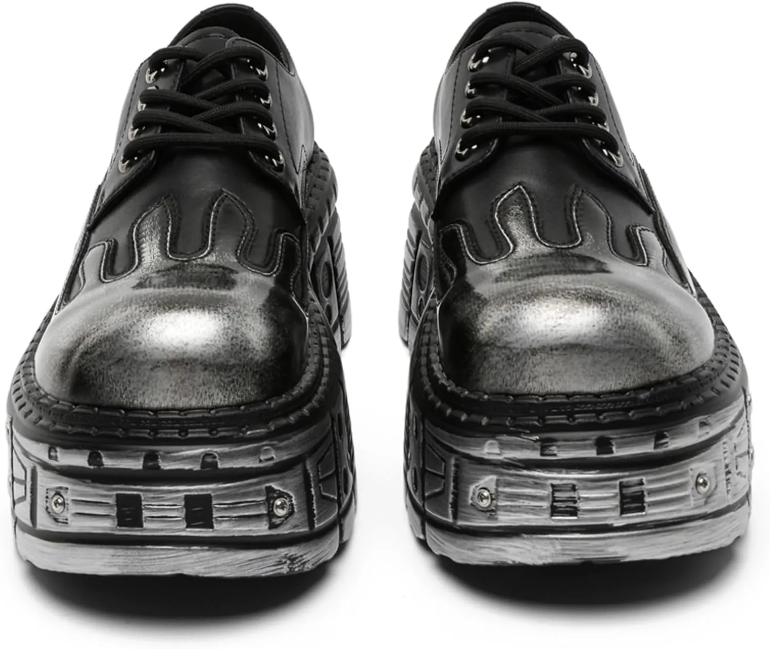 Men's Leather Lace-Up Oxfords with Flame Embossed Toe Industrial Chunky Platform Sole & Metal Accents - Punk Style Urban Fashion Shoes for Casual Wear
