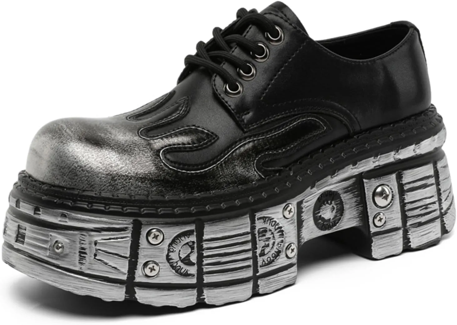 Men's Leather Lace-Up Oxfords with Flame Embossed Toe Industrial Chunky Platform Sole & Metal Accents - Punk Style Urban Fashion Shoes for Casual Wear