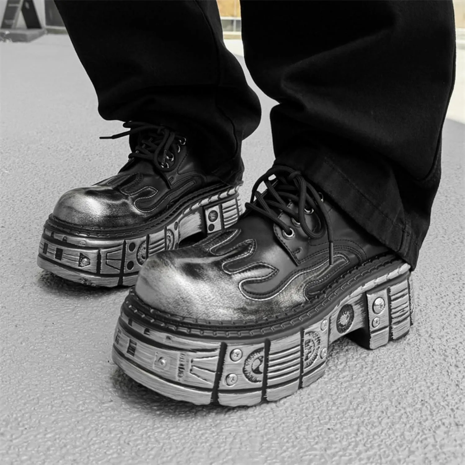 Men's Leather Lace-Up Oxfords with Flame Embossed Toe Industrial Chunky Platform Sole & Metal Accents - Punk Style Urban Fashion Shoes for Casual Wear