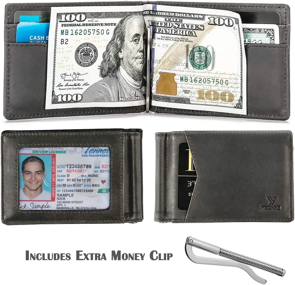 Mens Slim Wallet with Money Clip Front Pocket RFID Blocking Thin Bifold Leather Card Holder Minimalist Mini Billfold