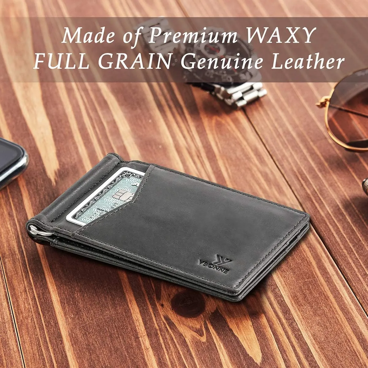 Mens Slim Wallet with Money Clip Front Pocket RFID Blocking Thin Bifold Leather Card Holder Minimalist Mini Billfold