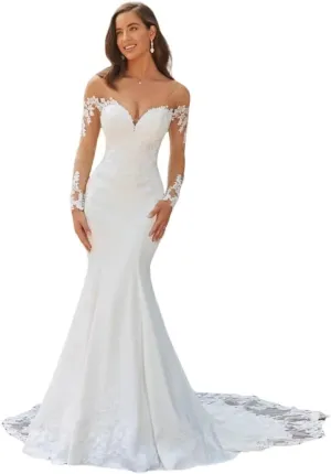 Mermaid Long Sleeve Wedding Dresses for Bride Lace Applique V-Neck Boho Bridal Dress with Train