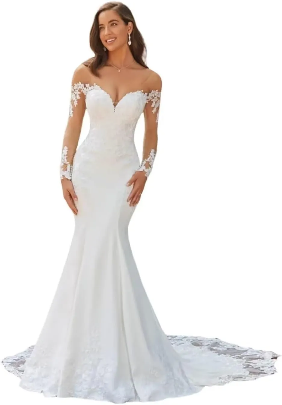 Mermaid Long Sleeve Wedding Dresses for Bride Lace Applique V-Neck Boho Bridal Dress with Train
