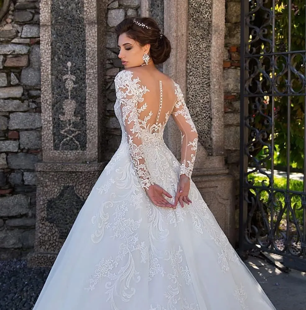 Mermaid Long Sleeve Wedding Dresses for Bride Lace Applique V-Neck Boho Bridal Dress with Train
