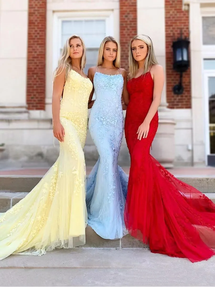 Mermaid Prom Dresses 2025 Spaghetti Straps Evening Gowns Lace Applique Floral Formal Dresses for Women