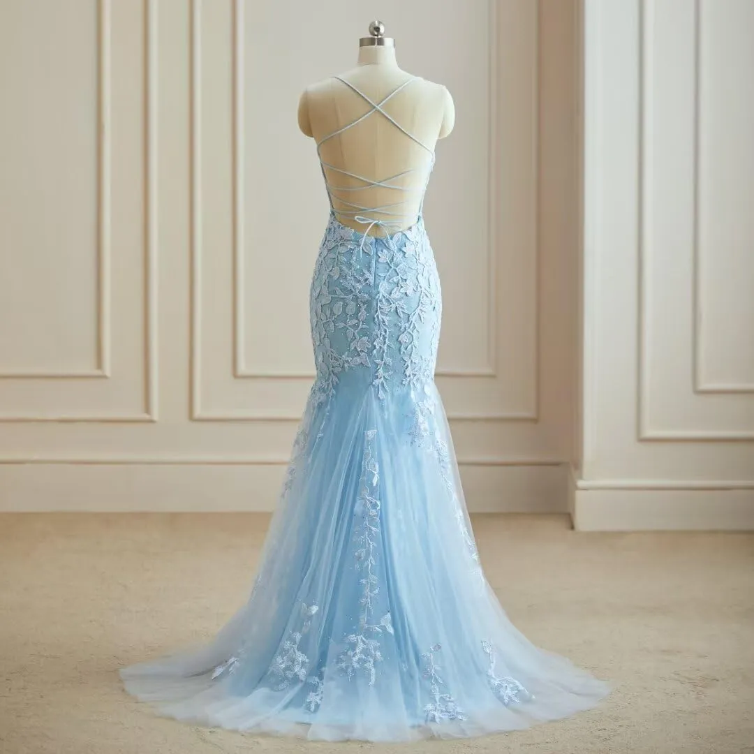 Mermaid Prom Dresses 2025 Spaghetti Straps Evening Gowns Lace Applique Floral Formal Dresses for Women
