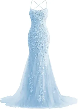 Mermaid Prom Dresses 2025 Spaghetti Straps Evening Gowns Lace Applique Floral Formal Dresses for Women
