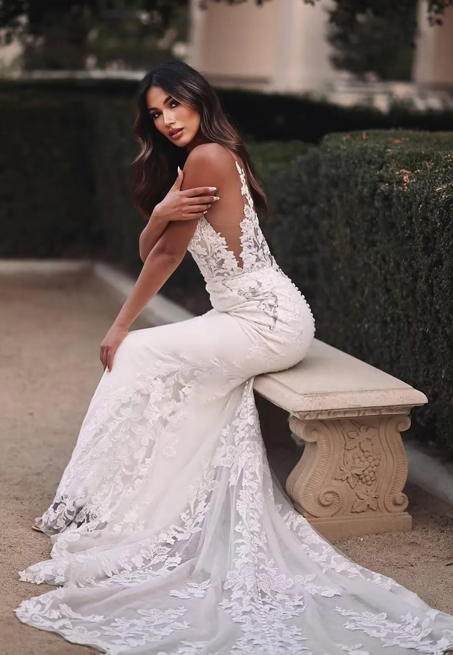 Mermaid Wedding Dresses for Bride Lace Beach Tulle Applique V-Neck Boho Bridal Dress for Bride with Train