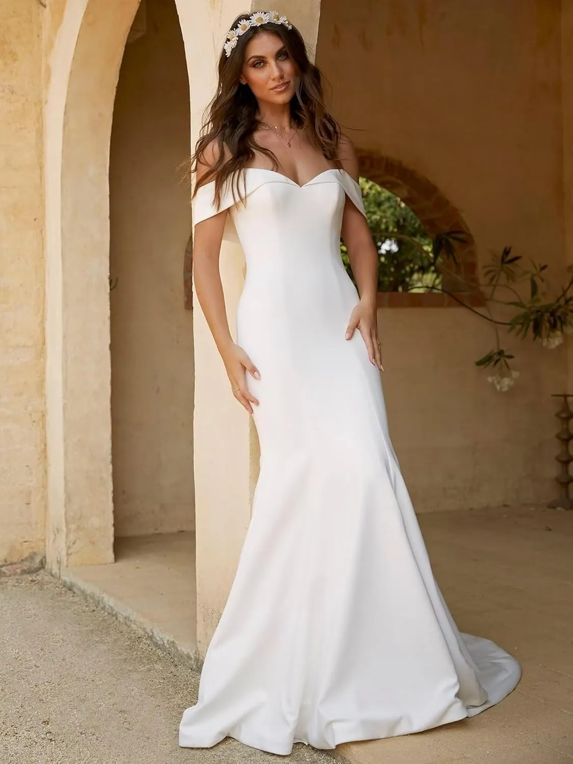 Mermaid Wedding Dresses for Bride Lace Beach Tulle Applique V-Neck Boho Bridal Dress for Bride with Train